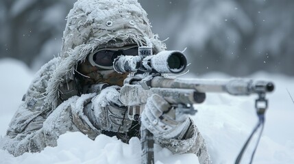 A focused sniper in winter camouflage lies in a snow-covered forest, aiming through a sniper rifle with precision optics amid falling snow. - obrazy, fototapety, plakaty