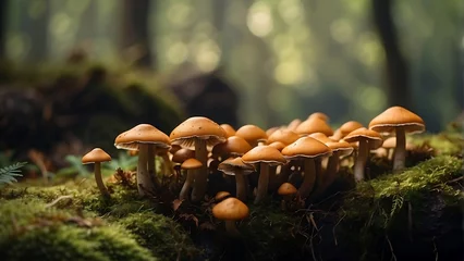 Fotobehang Mushrooms thrive amidst the forest's autumn hues, blending into the natural canvas of brown and green, a macro view of edible fungi in their wild habitat © VFX1988