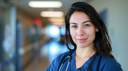 modern friendly woman doctor in scrubs, smiling slightly, head shot in modern White and blue