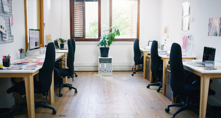 Office, empty and interior for workspace, creative agency or design studio for organisation career....