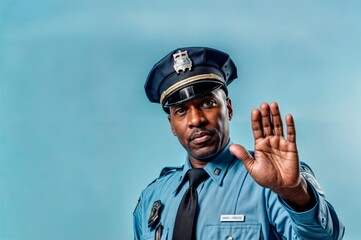Law and Order a Symbol of Authority: A Police Officer Signals a Commanding Stop in Studio Photo with a Blue Background. Copy Space.