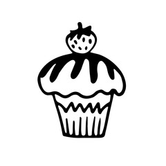A cute hand-drawn muffing with a strawberry on top, a black and white  cupcake icon, a pastry doodle, a cake sketch  