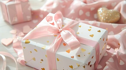 Handmade gift featuring pastel pink gift paper decorated with golden hearts nestled in a charming white gift box the perfect wrapping for any special occasion such as Valentine s Day a birt