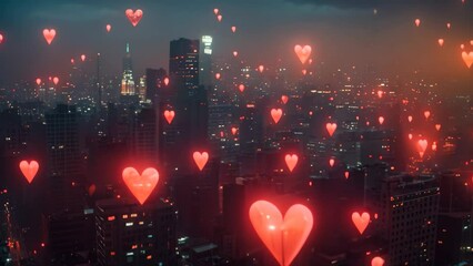 Colorful Balloons Floating Above a Bustling Cityscape, Luminous heart-shaped lanterns floating over a darkened cityscape