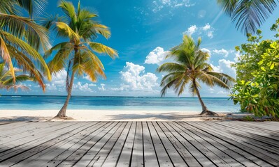 beach with palm trees and turquoise water, a wooden floor in the foreground 