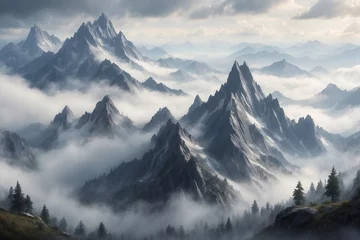 Poster Im Rahmen View of the misty mountain peaks © Olena Kuzina