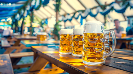 Rows of full, frothy beer mugs on a wooden table, basking in the vibrant atmosphere of a bustling beer tent, celebrate the essence of Oktoberfest's joyous revelry and communal spirit