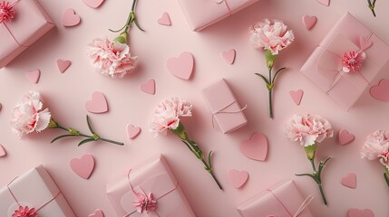 Looking for a Mother s Day gift idea Picture this a gorgeous top down view of dainty pink gift boxes embellished with lovely carnation flowers and delicate pink paper hearts set against a b - obrazy, fototapety, plakaty