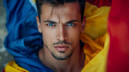 A portrait of a handsome Romanian man highlighted by the vibrant colors of the Romanian flag. Naturally beautiful Romanian man with a feeling of national pride. - obrazy, fototapety, plakaty