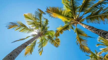 Two tall palm trees frame a vibrant blue sky with sun rays piercing through the lush green fronds, creating a perfect tropical background.