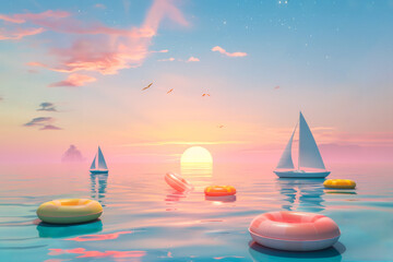 Painting of two boats and an inner tube in the calm ocean at sunset.