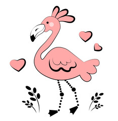 Fototapeta premium Pink flamingo on white background. Doodle