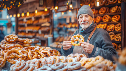 Joyful elderly man showcases freshly baked pretzel at traditional German holiday market stall, surrounded by abundance of pretzels, evoking warmth and richness of German culinary heritage. Street food