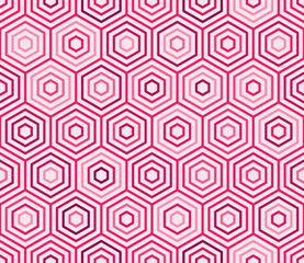 Seamless hexagon background. Simple stacked hexagons pattern. Pink color tones. Large hexagon shapes. Tileable pattern. Seamless vector illustration.