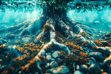 Thick tree roots intertwine as they penetrate the underwater soil, reaching deep into the bottom of the water body. Generative AI.