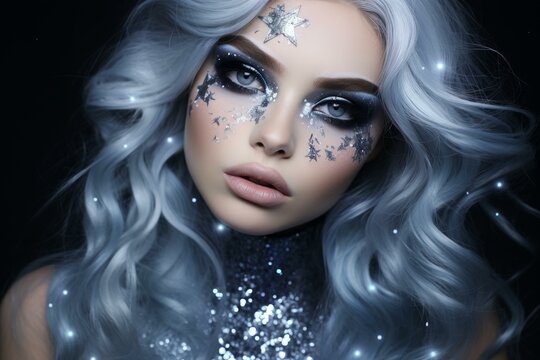 Sophisticated Silver makeup woman. Color paint. Generate Ai