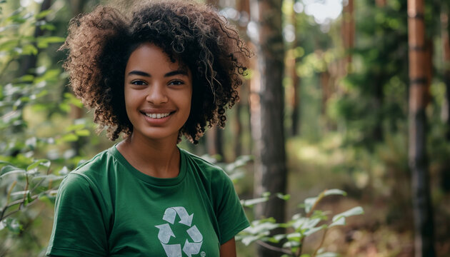 young environmental wearing a green recycle t-shirt, AI Generative. - Powered by Adobe