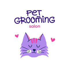 Pet grooming. Cute purple cat in flat style. Vector logo design with handwritten typography for branding, banner, poster, postcard