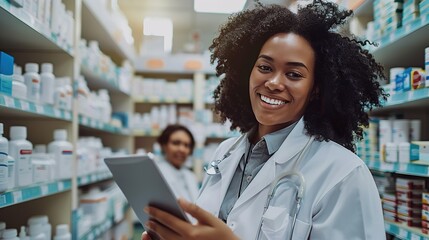 Young happy pharmacist working on digital tablet in drugstore and looking at camera. Her customer is in the background. - Powered by Adobe