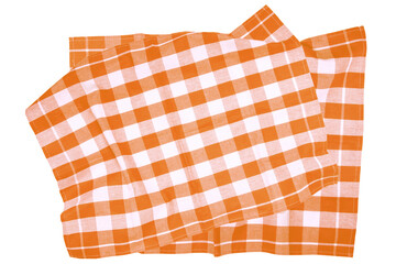 Closeup of a orange and white checkered napkin or tablecloth texture isolated on white background. Kitchen accessories. Top view.