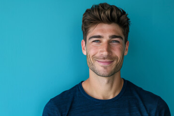 Fototapeta premium A man in a blue shirt is smiling in front of a blue wall