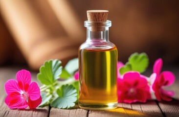 small transparent glass bottle of geranium oil on a wooden table, fresh bouquet of geraniums, pink flowers, eco-friendly medicinal solution, sunny day