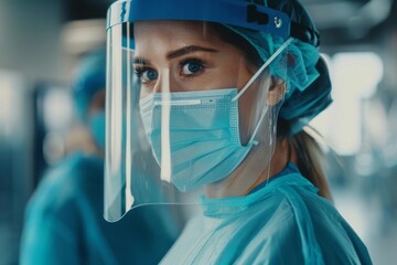 Medical professionals in fashionable scrubs and face shields
