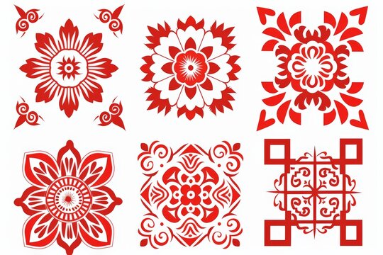 Red and white chinese porcelain designs on white background