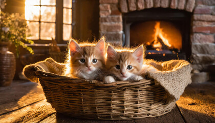 Kleine Katzen, Katzenbabys in einem Katzenkorb vor einem offenen Kamin in einer gemütlichen Wohnung mit Holzdielen, in der sich Katzen wohlfühlen. - obrazy, fototapety, plakaty