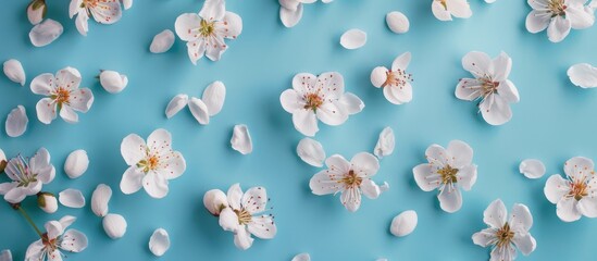 White blossoms organized on a vibrant backdrop. Flat lay style.