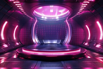 Capture a vibrant, futuristic CG 3D rendering of a worms-eye view podium, showcasing a sleek, high-tech commercial product display