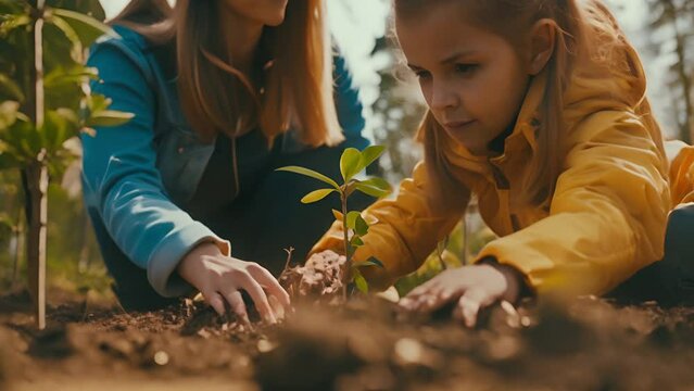 Caucasian mother and daughter planting trees in the forest.