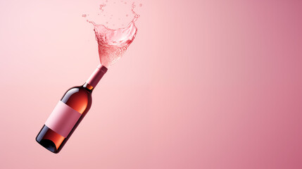 Bouteille et verre de rosé sur un fond rose pâle. Boisson, alcool, fête. Vin rosé. Pour conception et création graphique.  - obrazy, fototapety, plakaty