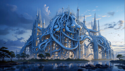 A futuristic cathedral rises majestically, adorned with alien gargoyles, its flowing architecture blending cosmic grandeur with ethereal beauty.