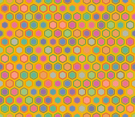 Honeycomb mosaic background. Bold rounded hexagons mosaic cells with padding and inner solid cells. Hexagon cells. Multiple tones color palette. Seamless pattern. Tileable vector illustration.