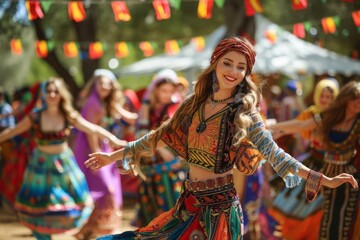 Multicultural festival, ethnic dances, traditional costumes, community celebration