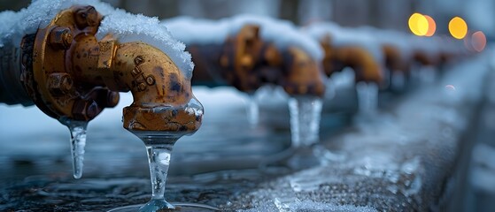 Frost Meets Metal: A Chilly Symphony of Pipes. Concept Ice Sculptures, Industrial Design, Winter Wonderland Art, Creative Contrasts, Urban Aesthetics - obrazy, fototapety, plakaty
