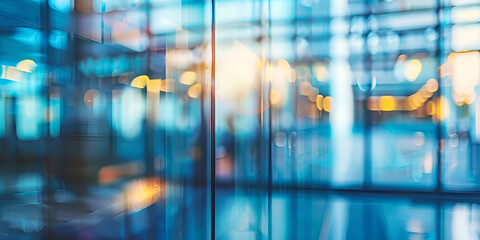 Blurred view of a modern office building interior with glass walls reflecting a cool blue tone 
