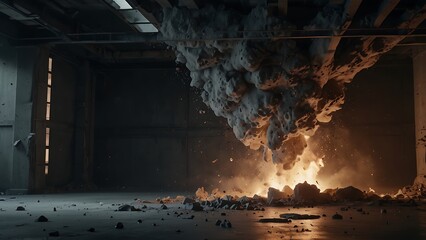 Explosion in an abandoned building - obrazy, fototapety, plakaty