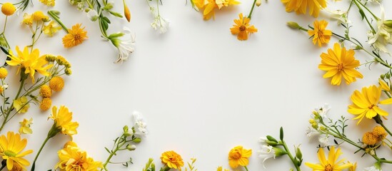 Arrangement of flowers. A wreath crafted from different yellow flowers against a white backdrop. Symbolizing spring, summer, and Easter. Displayed from above with space for text.