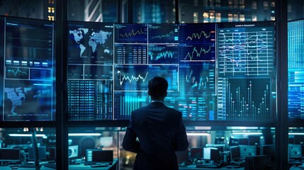 A professional at work in a high-tech control room monitors data. Man analyzing real-time data growth. Futuristic network surveillance. Technological environment. AI