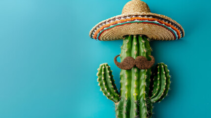 A Mexican cactus character wearing a traditional sombrero and mustache