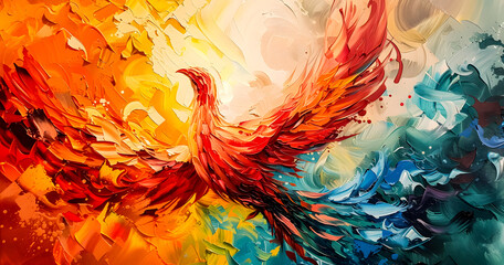 an abstract painting phoenix colorful feather background, 4K Desktop wallpaper - obrazy, fototapety, plakaty