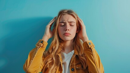 Tired young woman suffering from headache on color background