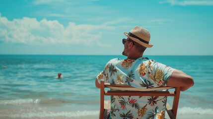 Summer vacation man beach wear, sitting relaxed in tourist chair enjoying trip holiday.