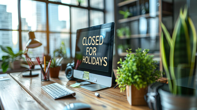 Office closed for vacations. Computer on an office desk turned off with the text "Closed for holidays". Concept of relax, free time and not working for vacations. Work stoppage.