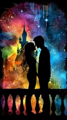 A couple's silhouette overlooks a fantasy cityscape, immersed in a vibrant, colorful abstract watercolor setting.