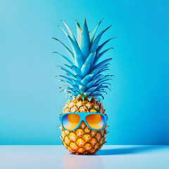 Pineapple with sunglasses with a blue background.