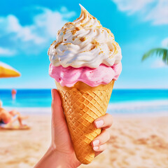 Refreshing ice cream cone with a beach at background.
