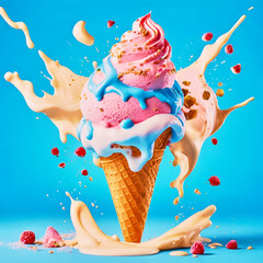 Refreshing ice cream cone with sweet splashes all over it on a blue background. - obrazy, fototapety, plakaty
